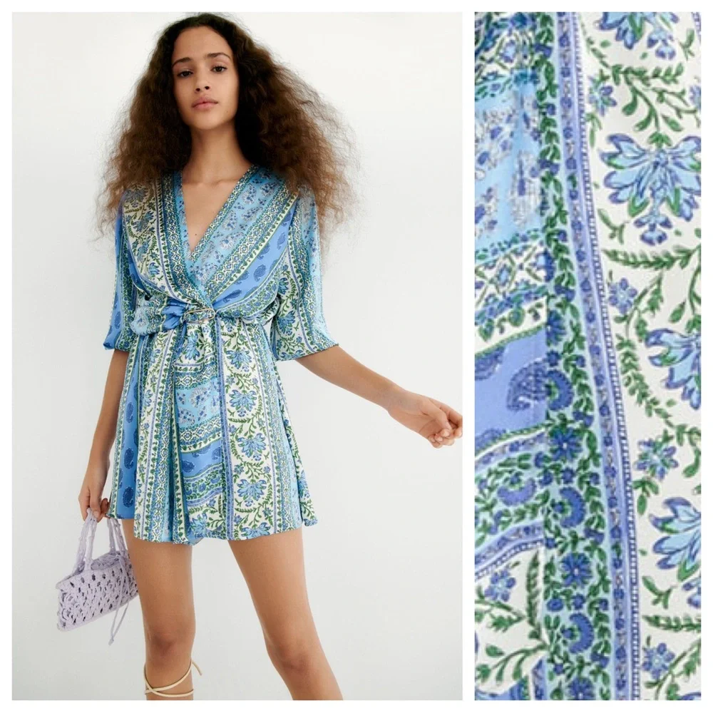 NWT. Zara Blue Patchwork Print Wrap-Around Jumpsuit - Picture 1 of 9